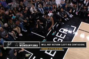 队记：文班左肋骨挫伤 下半场提前退赛