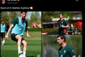 米兰官方晒照，自2月底以来一直因伤缺阵的加比亚回归合练