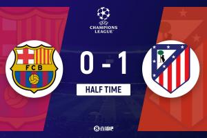 半场-马竞暂1-0巴萨 阿尔瓦雷斯任意球世界波破门库巴西直红