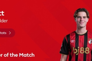 打进制胜球，英超官方：斯科特当选伯恩茅斯2-1阿森纳全场最佳